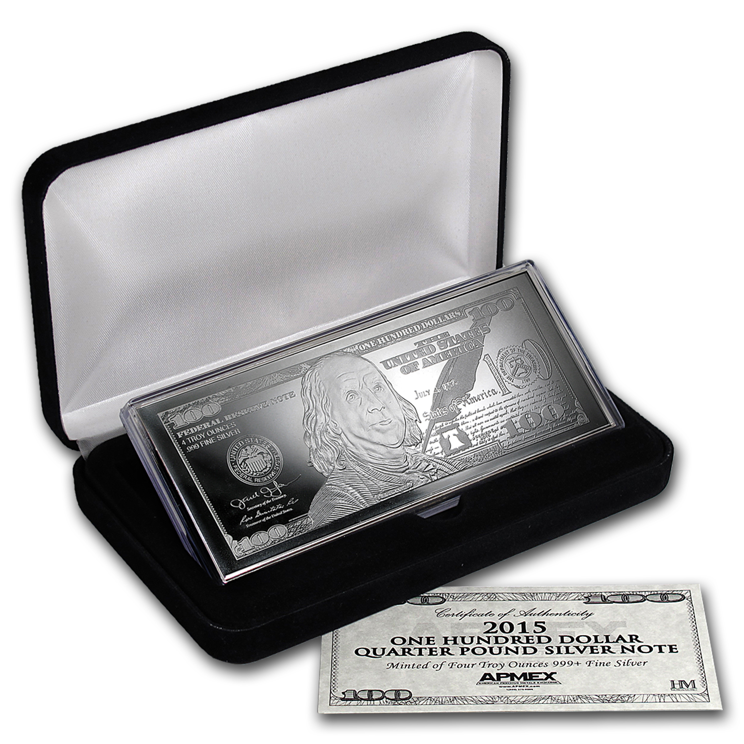 4 Oz Silver Bar - 2015 $100 Bill (W/Box & COA) | US Currency Replica ...